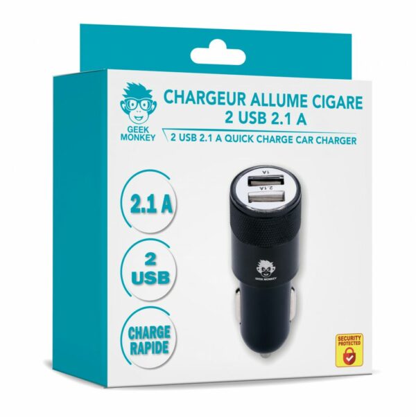 Chargeur allume-cigare GEEK MONKEY 2 ports USB 2.1A Chargeur allume-cigare GEEK MONKEY 2 ports USB 2.1A