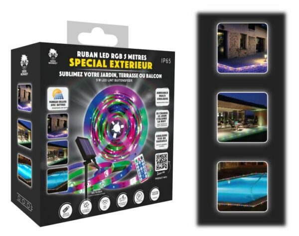 Ruban LED extérieur solaire GEEK MONKEY RGB 5m Ruban LED extérieur solaire GEEK MONKEY RGB 5m