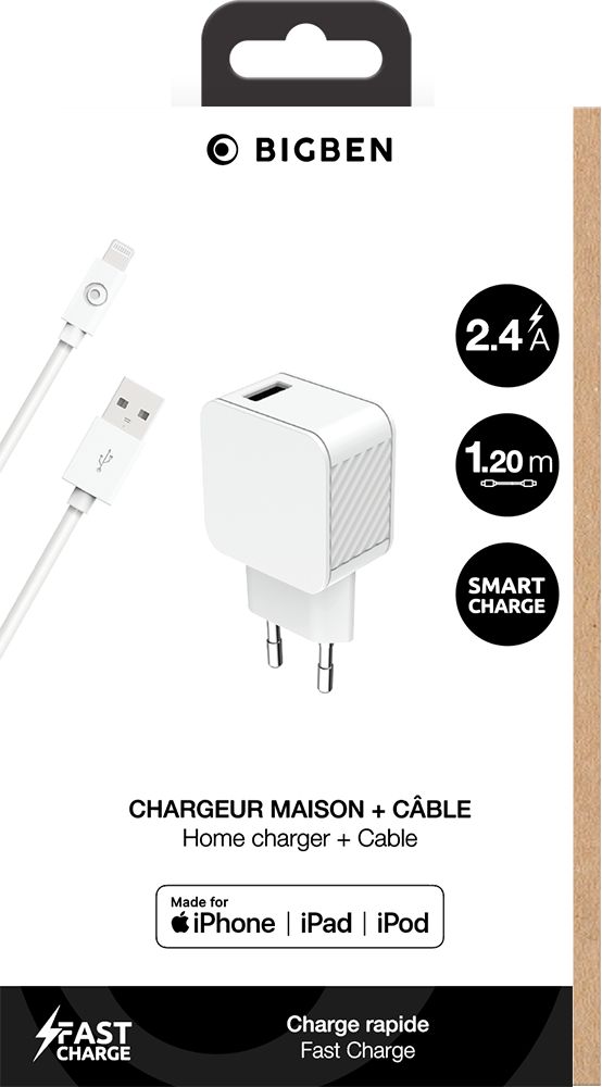 Chargeur secteur BIGBEN 2.4A Fast Charge + Câble Lightning www.infinytech-reunion.re
