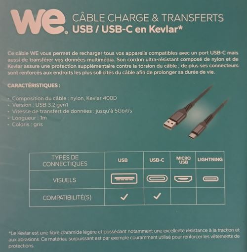 Câble WE CONNECT USB vers USB-C Nylon+Kevlar 1m www.infinytech-reunion.re