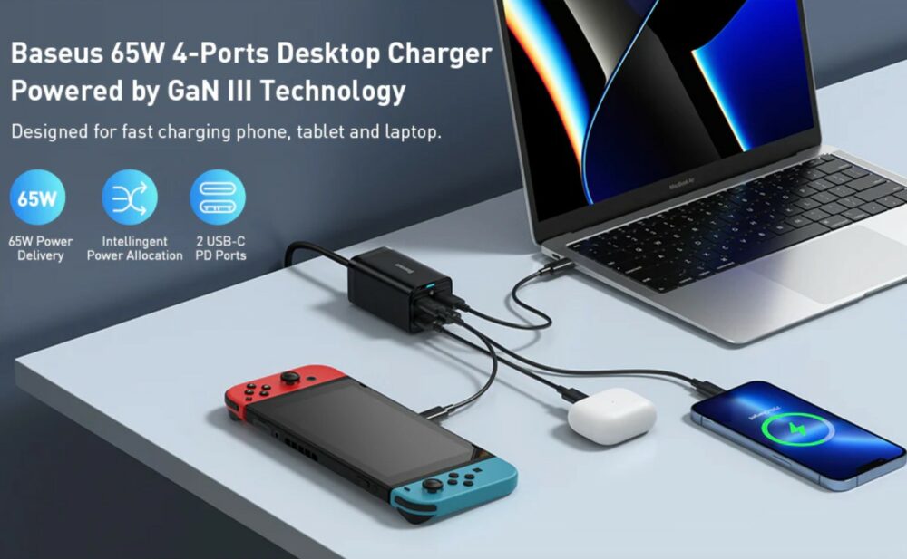 BASEUS Chargeur GaN3 Pro 65W 4 Ports Noir