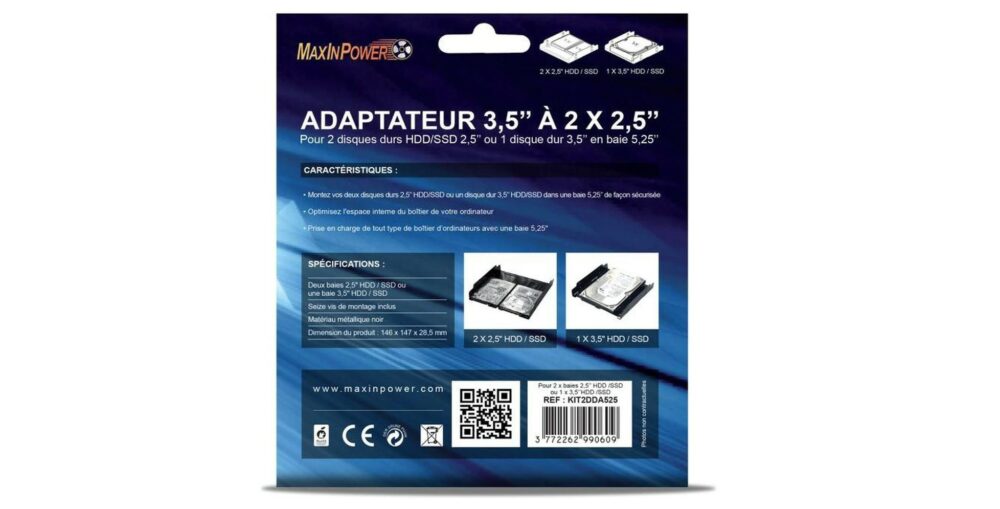 Berceau MAXINPOWER pour 2 disques 2.5 dans baie 5.25 pouce Berceau MAXINPOWER pour 2 disques 2.5 dans baie 5.25 pouce