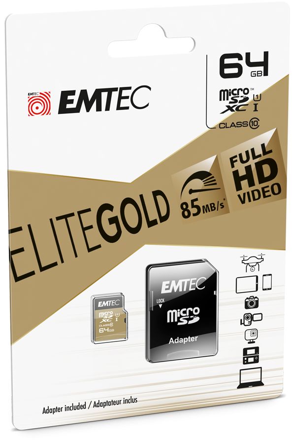 Carte micro SDXC EMTEC UHS-I 64Go Elite Gold www.infinytech-reunion.re